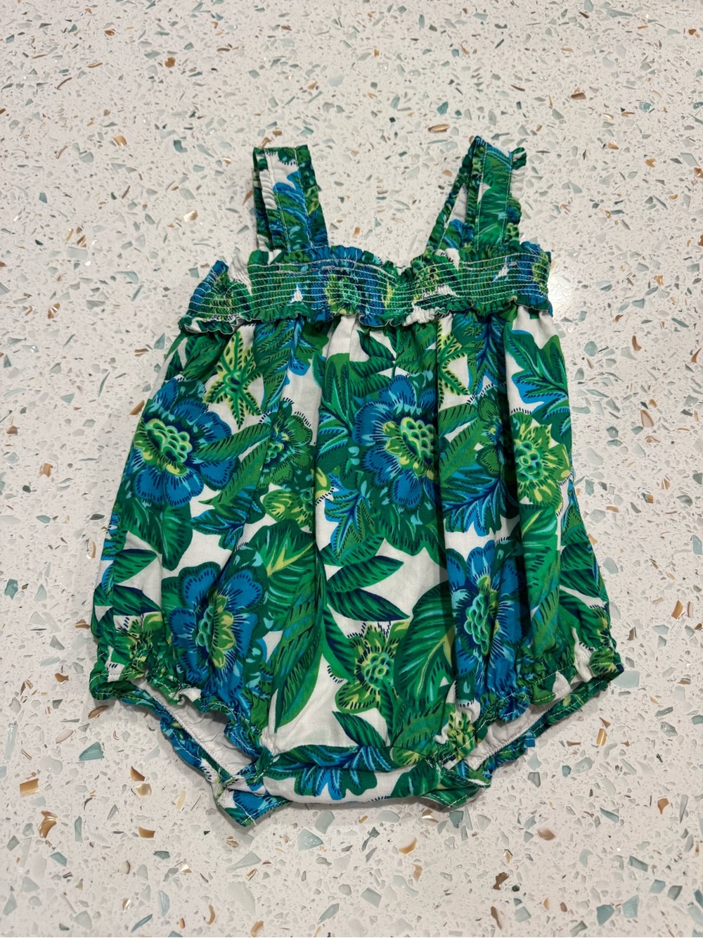 Janie and Jack Floral Bubble Romper Baby Girl Green Blue Smocked One-Piece